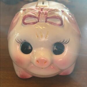 Vintage Ceramic Piggy Bank with Pink Bow and Beautiful Eyelashes